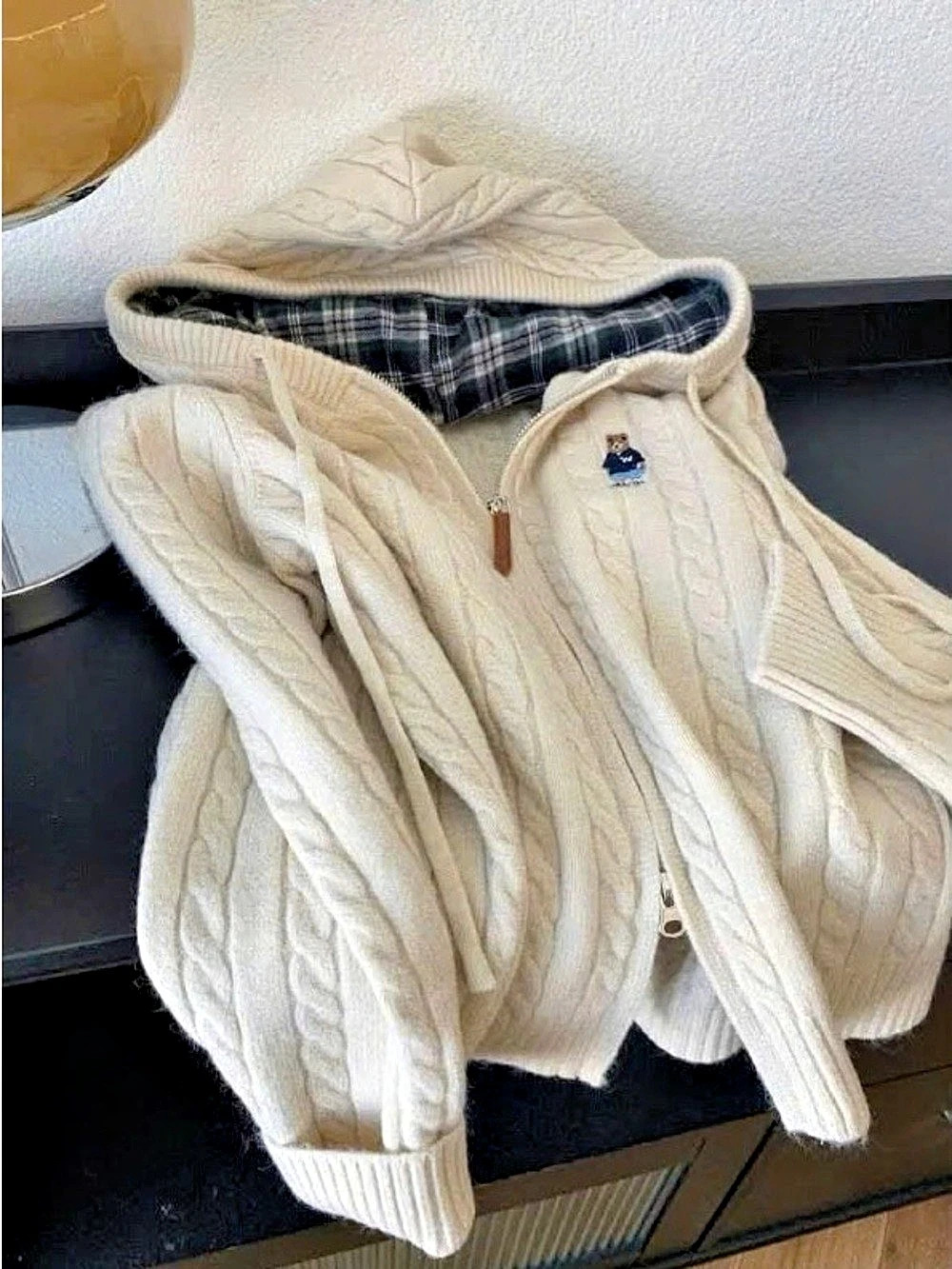 Cable Knit Hooded Cardigan in Cream & Blue